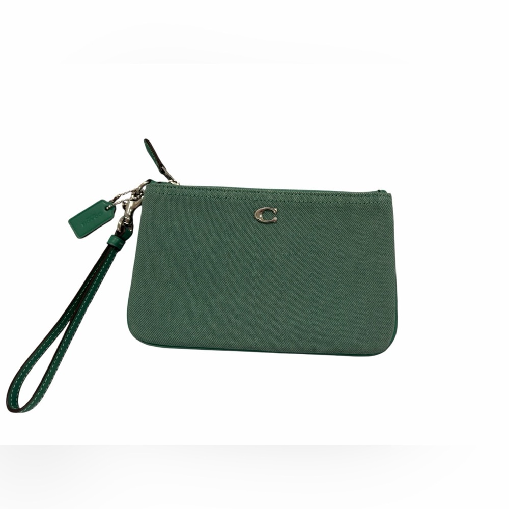 Coach Green Denim Wristlet Rare Color Small Essential Pouch NWOT